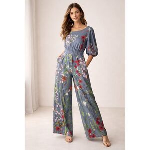 Noracora One Shoulder Floral Wide Leg Jumpsuit Blue Boho Medium
